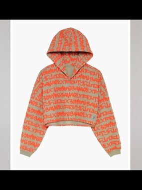 Savage X Fenty Beige Cropped Hoodie with Coral Script